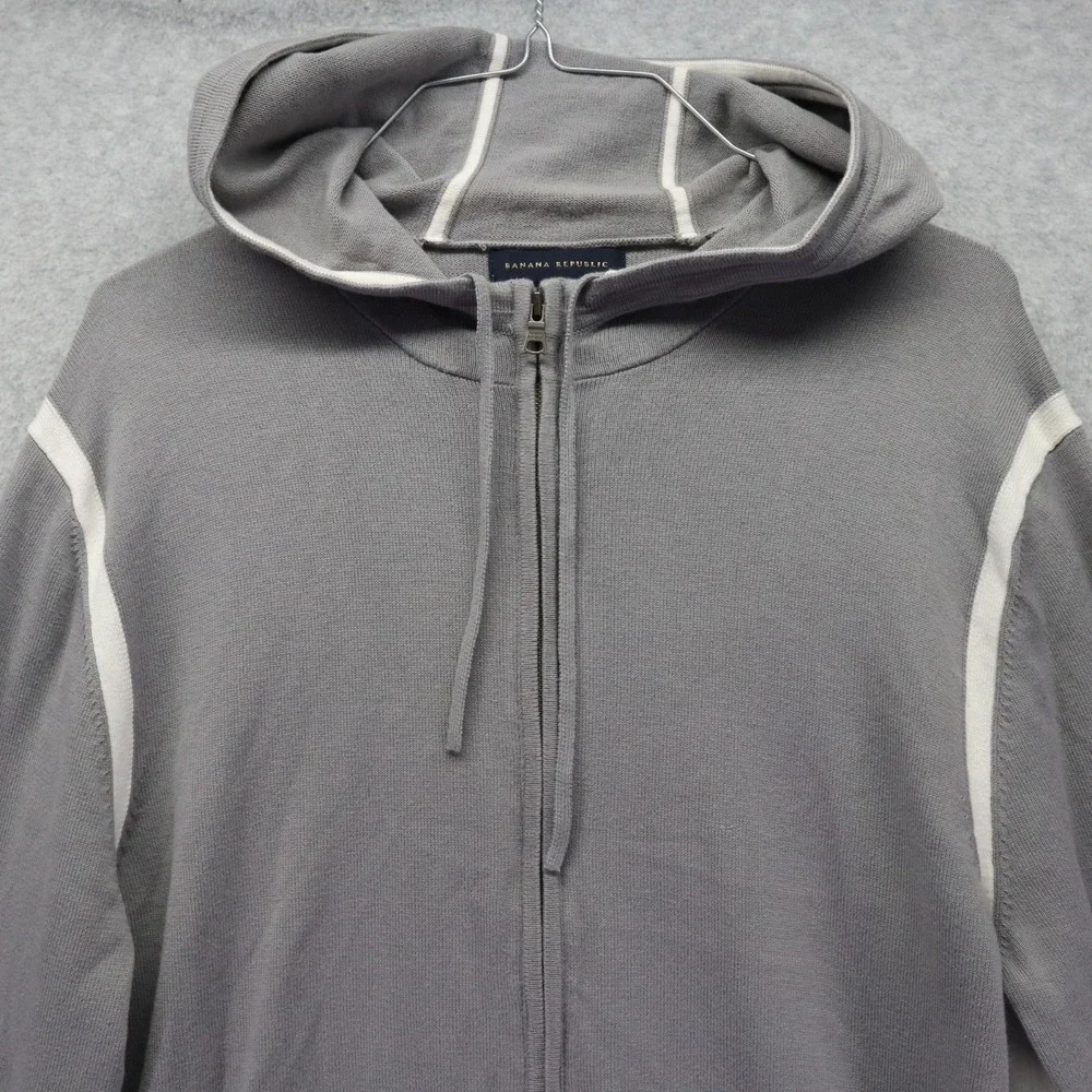 Banana Republic Hoodie Mens Large Full Zip Knit Jacket Gray‎ White Long Sleeve